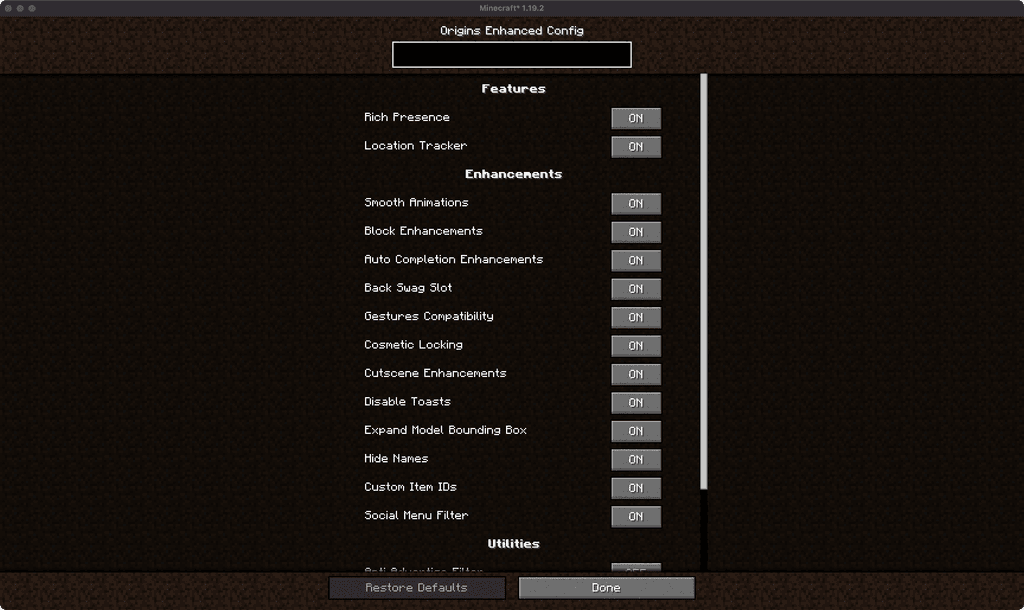 Settings menu